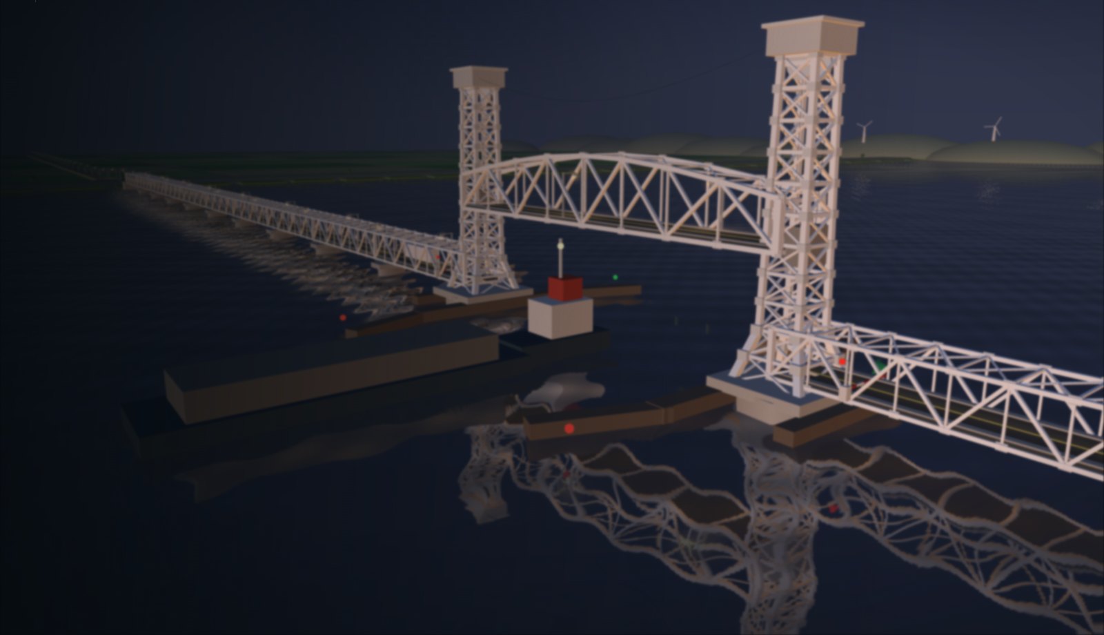 3D model of the Rio Vista Bridge with its center span raised as a tug passes underneath at night