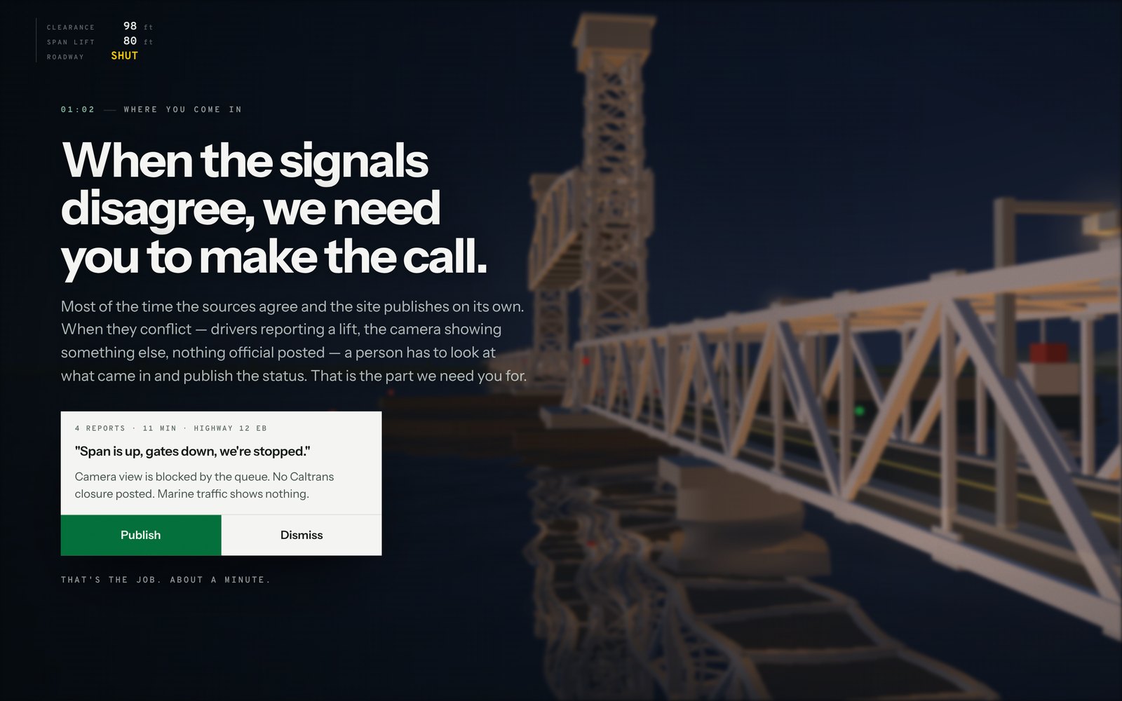 Onboarding panel reading 'When the signals disagree, we need you to make the call,' with a sample review card showing four driver reports and Publish and Dismiss buttons
